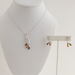 Sterling Silver Amber Stone Pendant Necklace and Earring Jewelry Set Leaf Branch